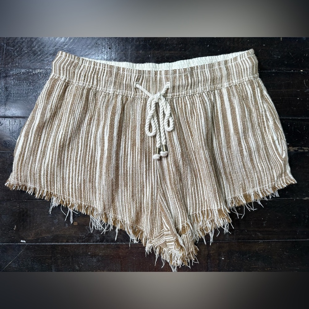 Free People Brown Woven Striped High Rise Fringe Hem Drawstring Shorts S Small
